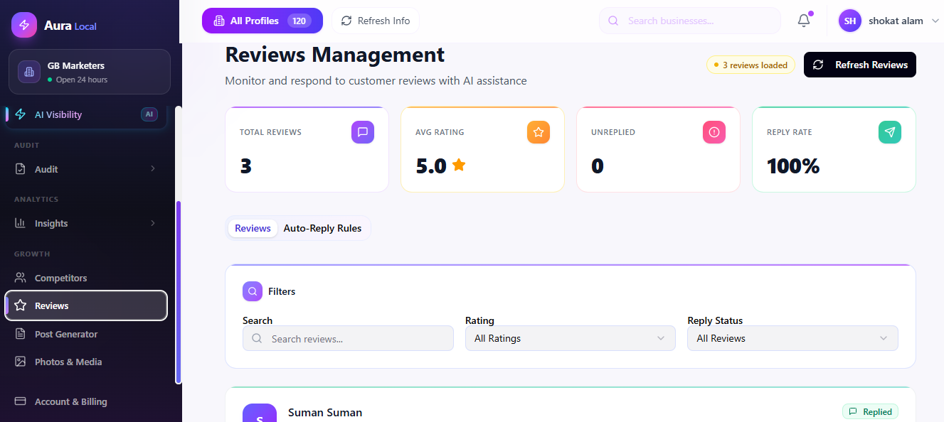 AuraLocal Reviews tab with AI-assisted replies