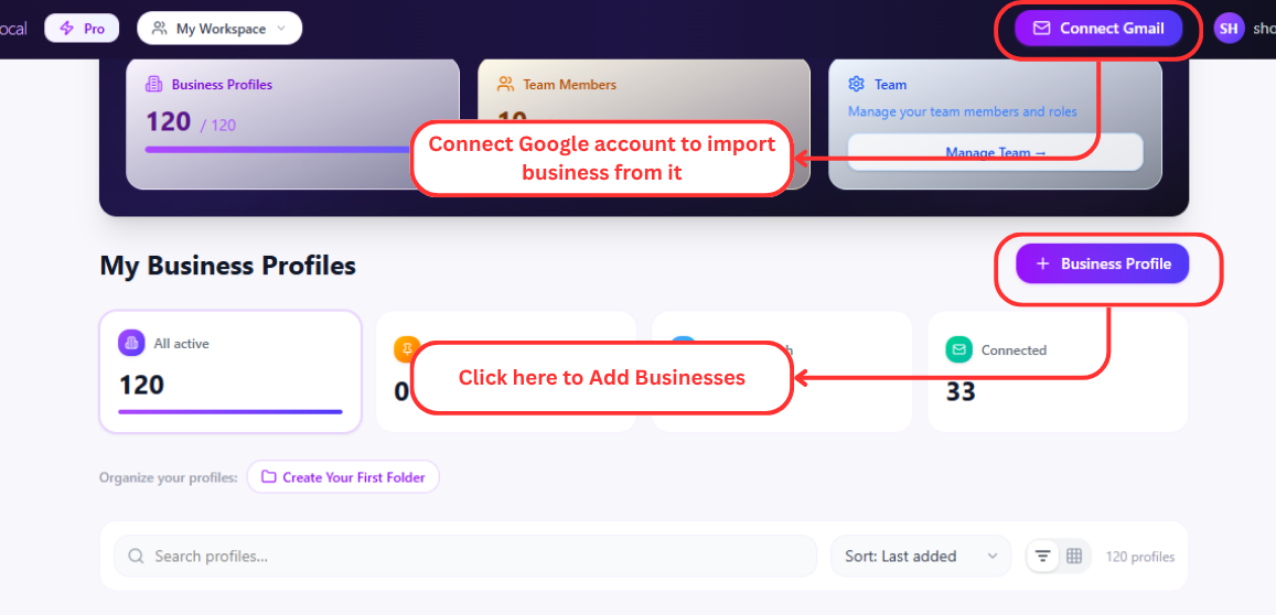Add Business button in AuraLocal sidebar