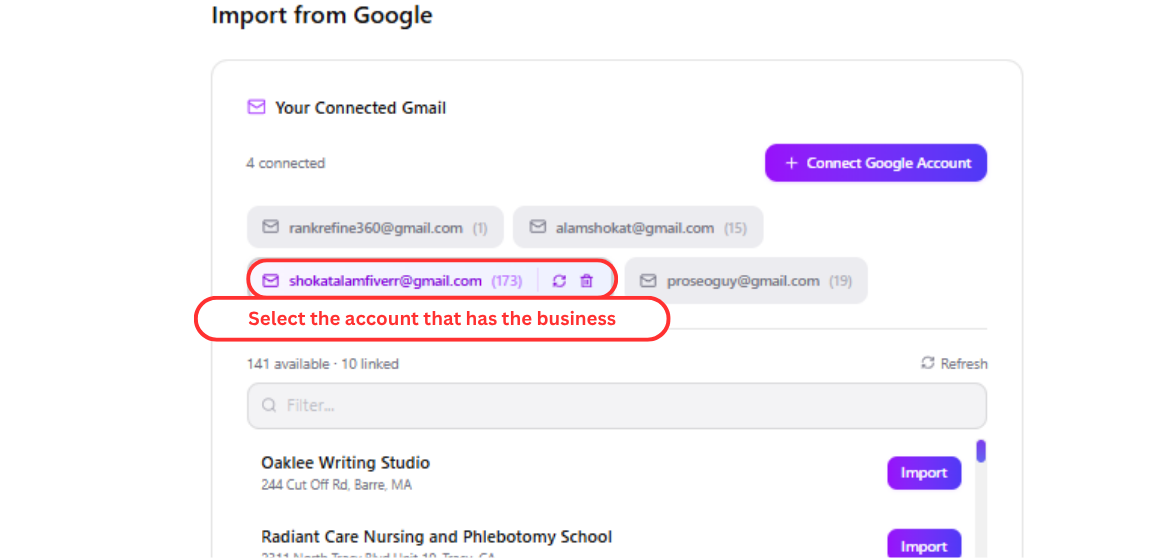 Select Google account to import business from