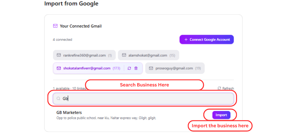 Search and import a business from Google in AuraLocal